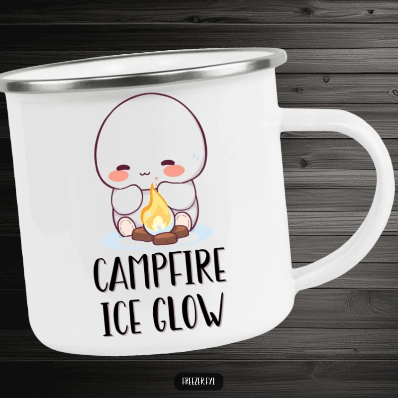 Funny camping mug with a rosy-cheeked character happily warming their hands by a small, glowing ice fire, durable and humorous for outdoor use.