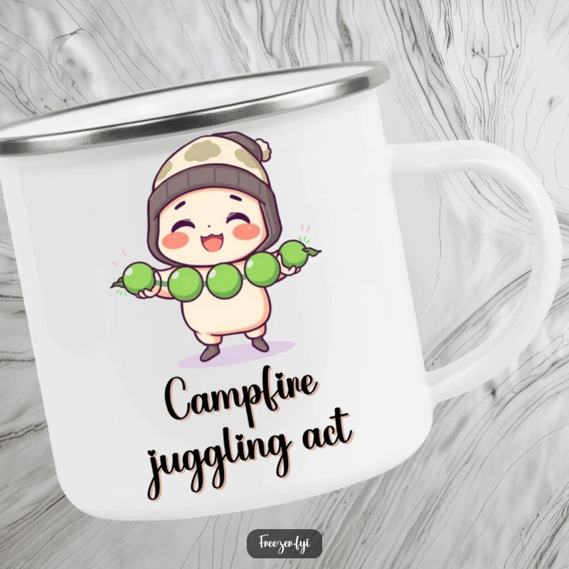 Funny camping mug with a character in a toque cheerfully juggling three frozen peas, perfect for outdoor culinary adventures.
