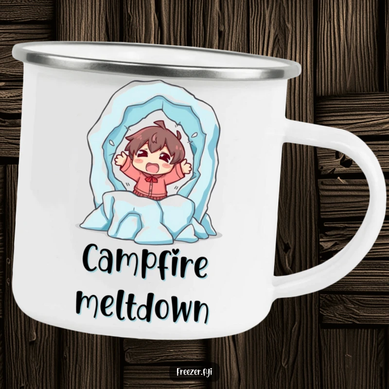 Funny camping mug illustrating a shocked character dramatically fleeing a melting ice sculpture, perfect for humorous outdoor enjoyment and hot beverages.