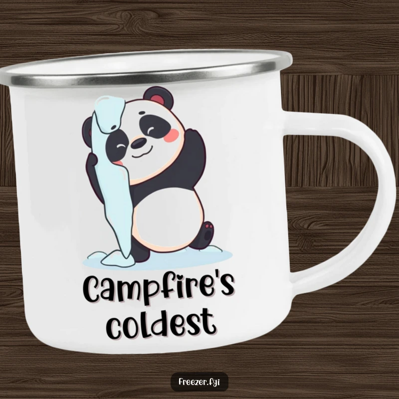 Funny panda camping mug showing a playful panda hugging a giant icicle, designed for outdoor use and carrying humor.