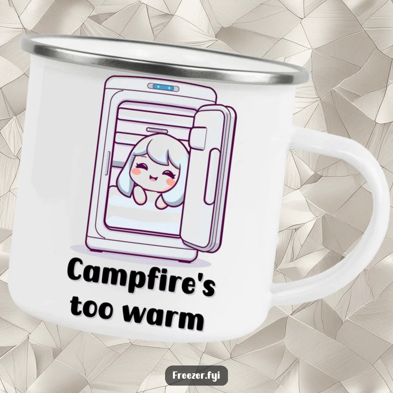 Funny camping mug featuring a character giggling inside an open freezer, perfect for outdoor fun.