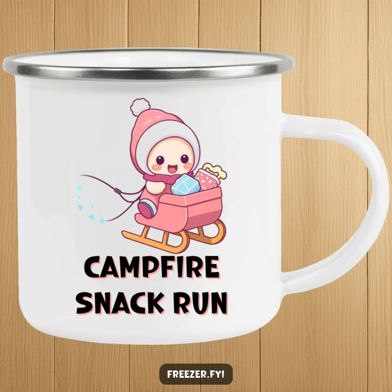 Funny camping mug showing a character pulling a sled brimming with frosty treats, ready for any outdoor adventure.