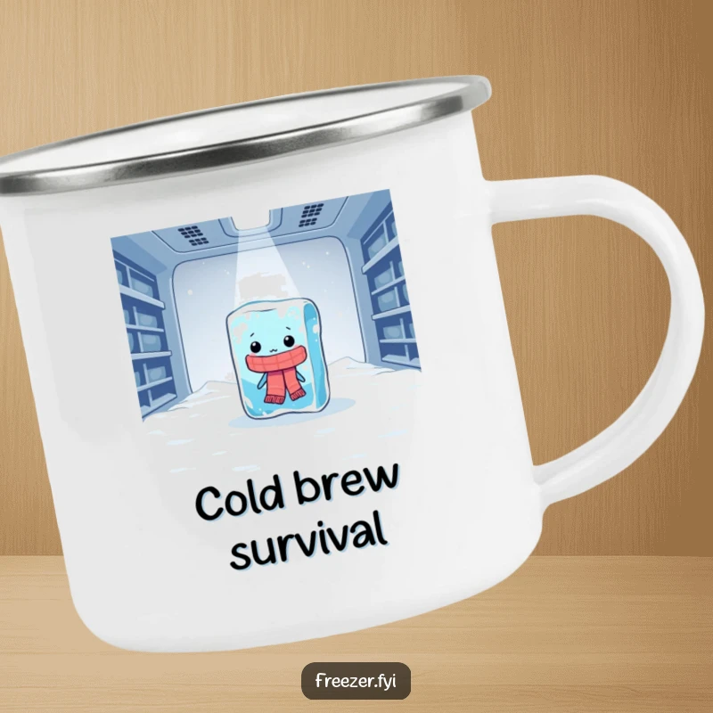 Funny camping mug with a lonely ice cube in a scarf shivering dramatically in a vast freezer, for outdoor humor.