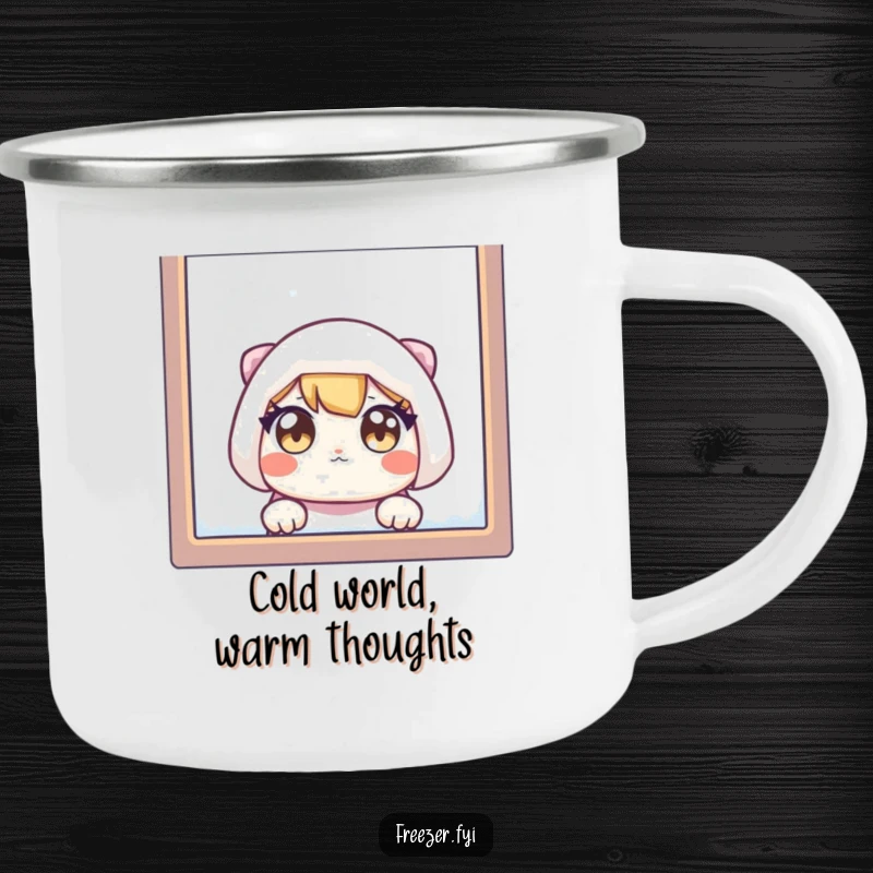 Funny camping mug with a character's wide eyes peeking through a frosty window, perfect for outdoor enthusiasts who enjoy humor.