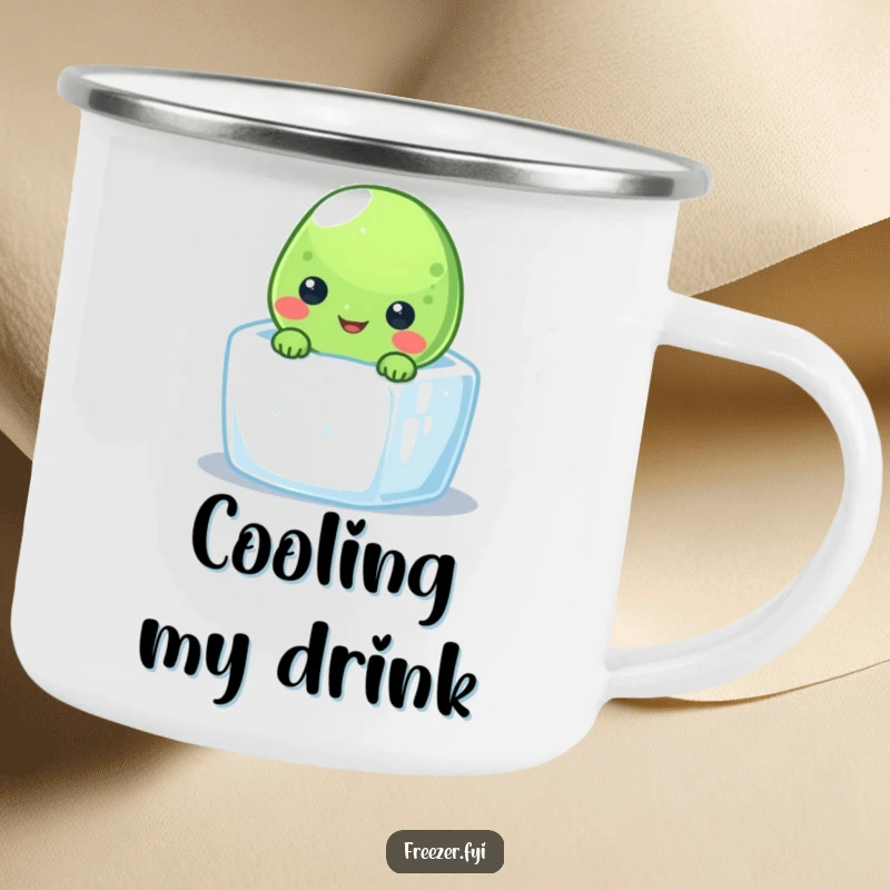 Funny frozen pea camping mug with a smiling character peeking from a tiny ice cube, perfect for outdoor cool drinks.