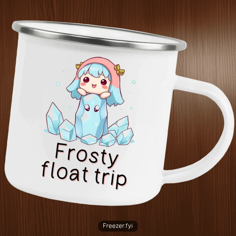 Funny camping mug showing a character joyfully floating among ice crystals. Durable and hilarious outdoor drinkware.