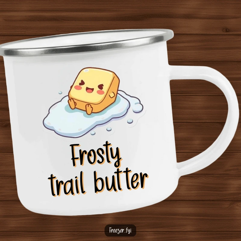 Funny camping mug illustrating a tiny butter pat character joyfully sliding down a frosty, outdoor surface with a happy expression.