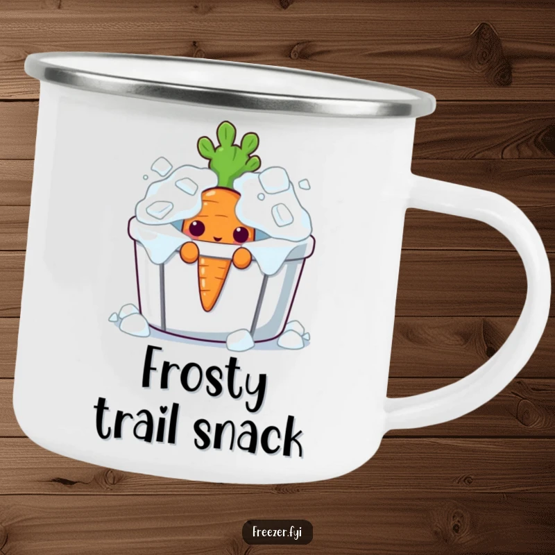 Funny curious carrot character peeking from an overflowing ice bin on a rugged camping mug.