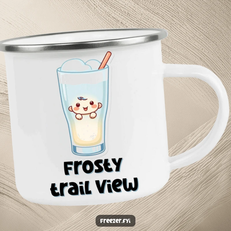 Funny Peeking Camping Mug: An enamel mug featuring a smiling character peeking from a frosty beverage glass, ideal for outdoor surprises.