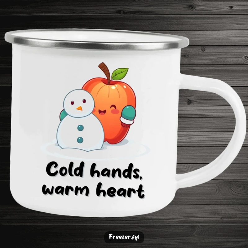 Funny camping mug featuring a happy apple in mittens, hilariously building a snowman, perfect for outdoor enthusiasts who love winter humor.