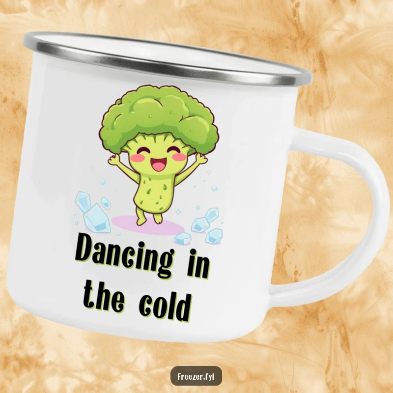 Funny camping mug with a happy broccoli dancing among ice crystals, perfect for outdoor fun and humorous gifts.