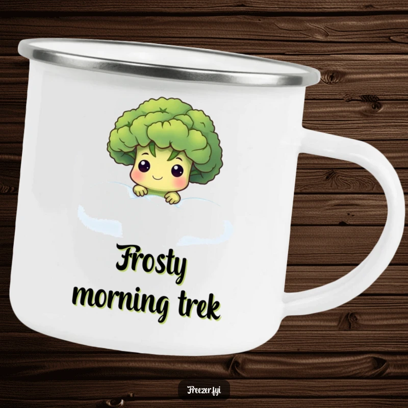 Funny camping mug featuring a cute broccoli floret character peeking from a frosty fog, perfect for enjoying drinks outdoors with a cool mystery.