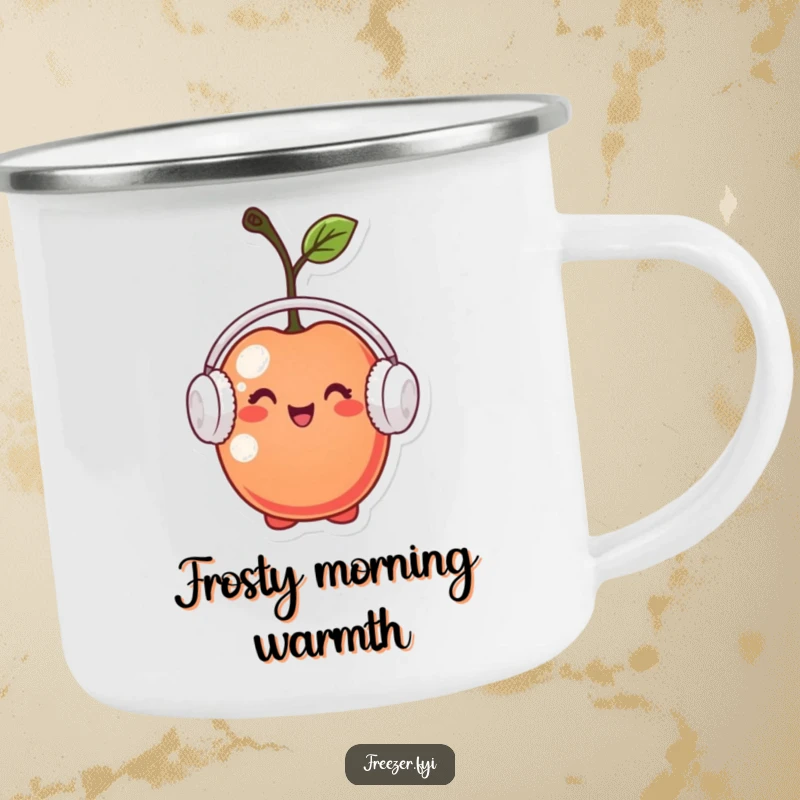 Funny camping mug featuring a tiny cherry character wearing miniature earmuffs, looking pleased, perfect for enjoying drinks outdoors with warmth and humor.