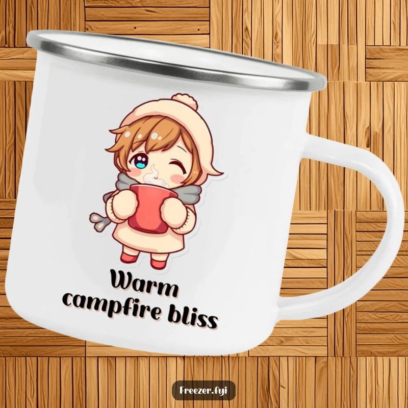 Funny camping mug illustration of a character in mittens holding a steaming mug, embodying cozy vibes for warm outdoor enjoyment.