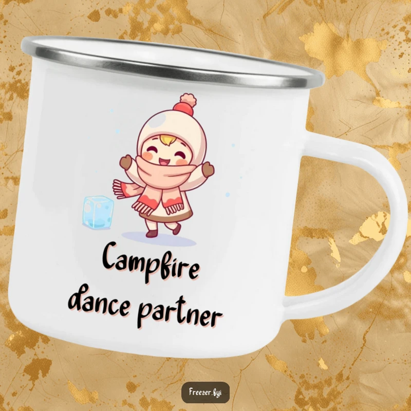 Funny camping mug featuring a character in a scarf happily dancing with a shivering ice cube, perfect for outdoor warmth and humor.