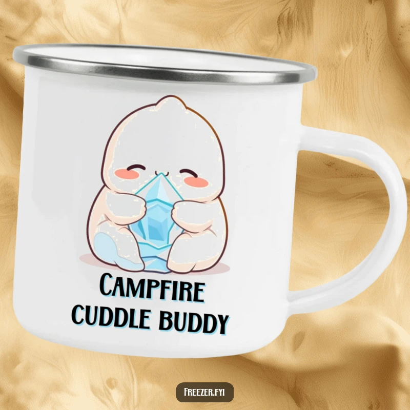 Funny camping mug featuring a smiling dumpling character hugging a tiny, shivering ice crystal, perfect for enjoying drinks outdoors with warmth and humor.