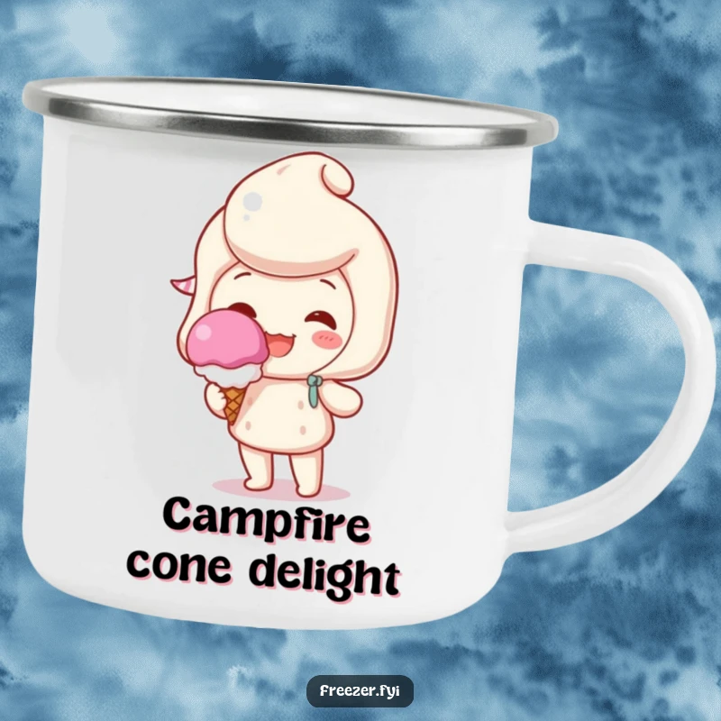 Funny enamel camping mug with a beaming character holding a single, perfect scoop of ice cream, perfect for sweet outdoor humor.