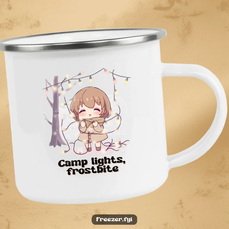 Funny camping mug featuring a character tangled in fairy lights in a cold setting, perfect for outdoor holiday fun.