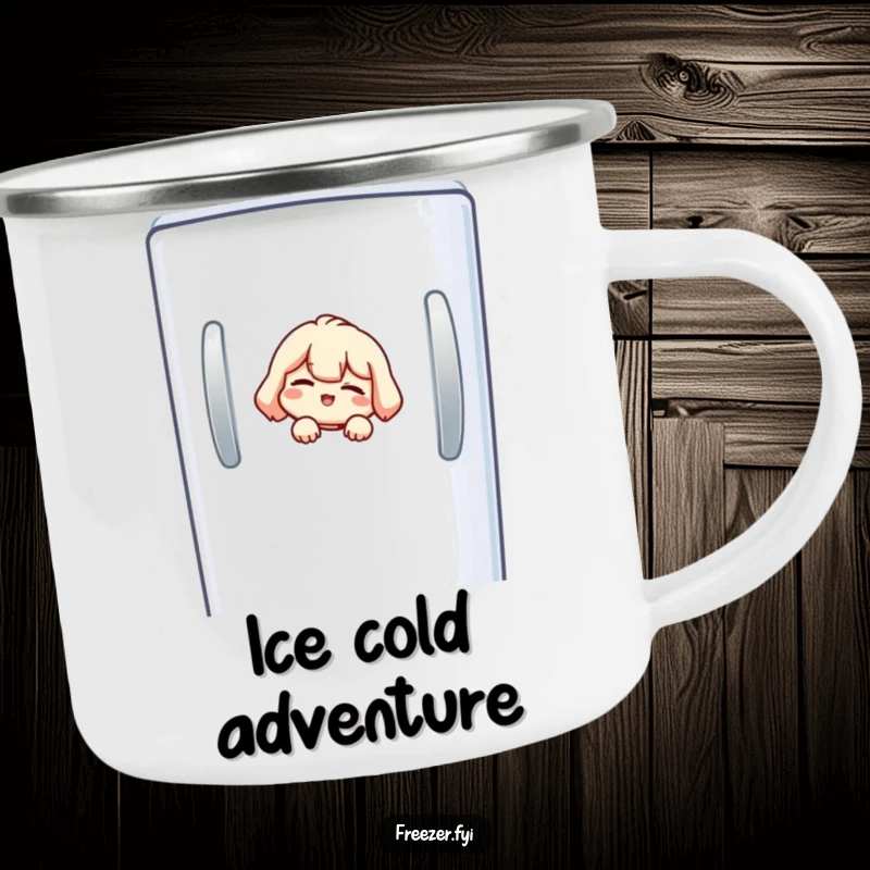 Funny freezer camping mug featuring a small character peeking from a freezer door, giving a cheeky wink.
