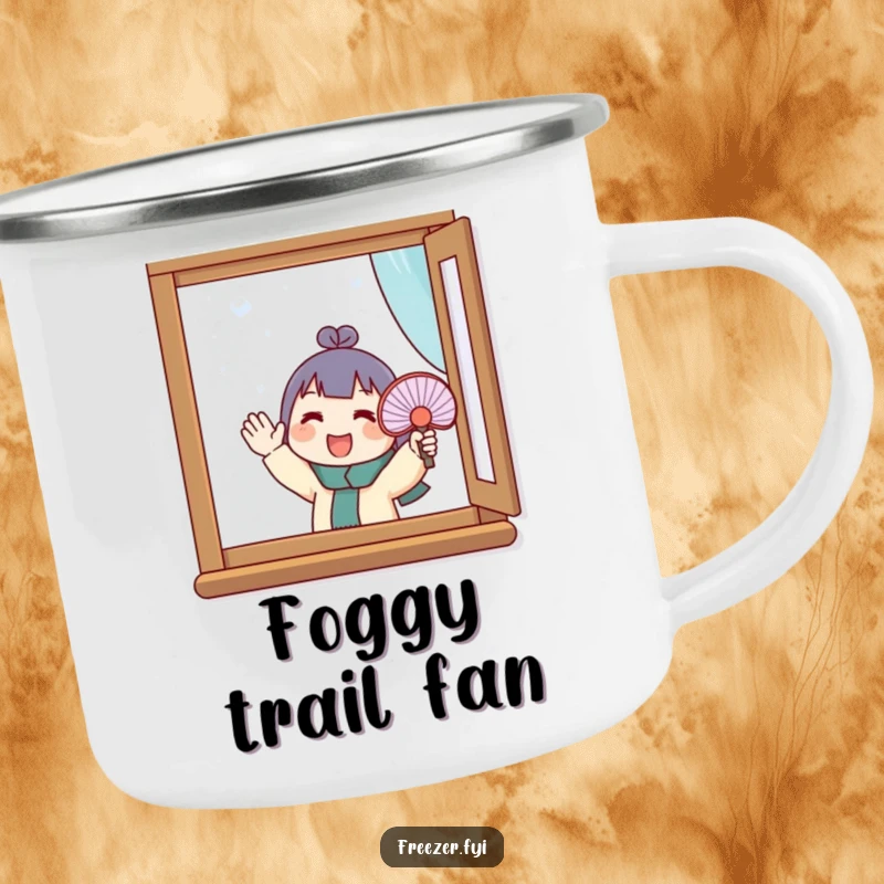 Funny camping mug showing a character enthusiastically fanning a small fan at a frosty window. Durable and hilarious outdoor drinkware.
