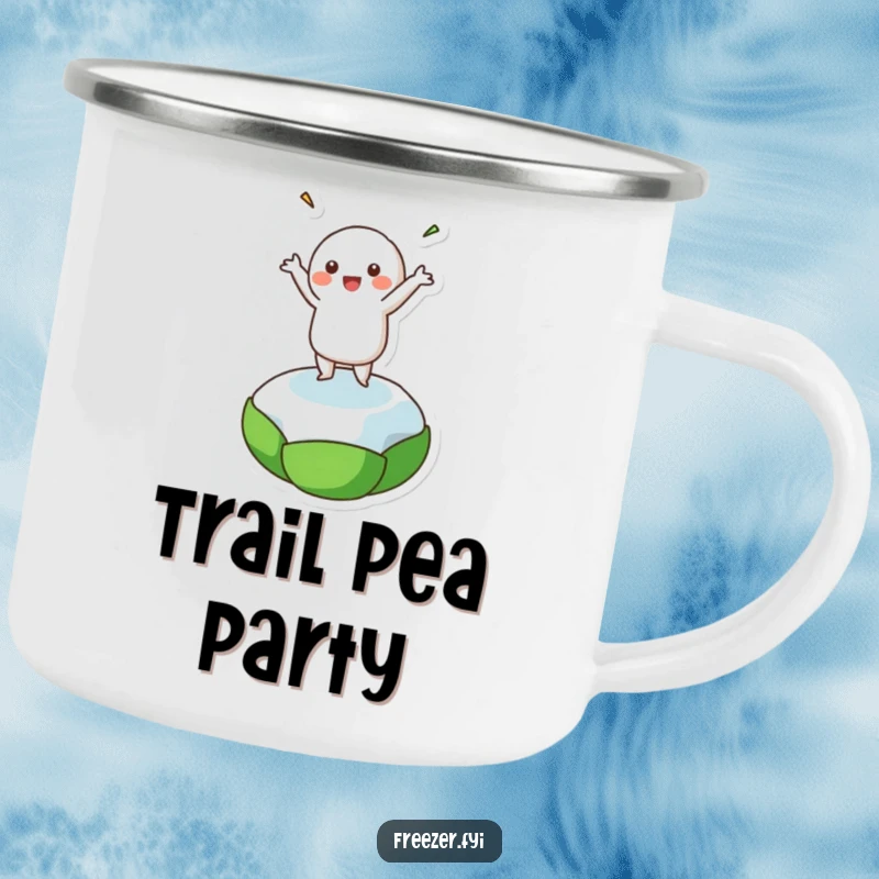 Funny camping mug showing a character doing a happy dance on a frozen pea, ideal for outdoor fun and humor.