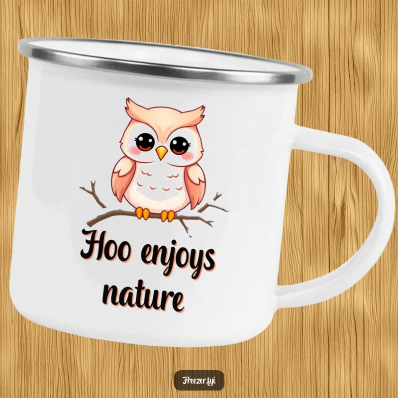 Funny owl camping mug showing a charming owl smiling on a snowy branch, designed for outdoor use and carrying humor.