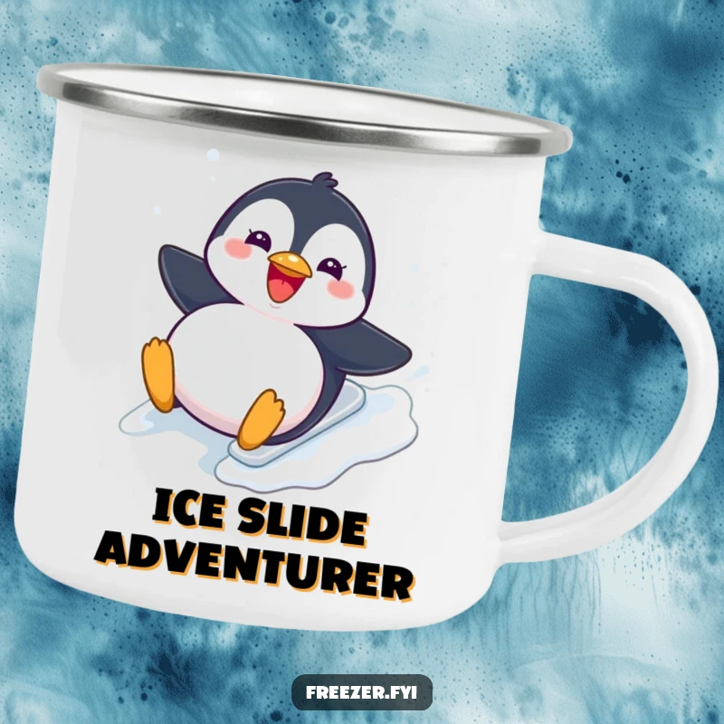Funny Camping Mug: A rugged mug featuring a chubby penguin joyfully sliding down an icy slope, bringing humorous winter vibes to outdoor drinks.