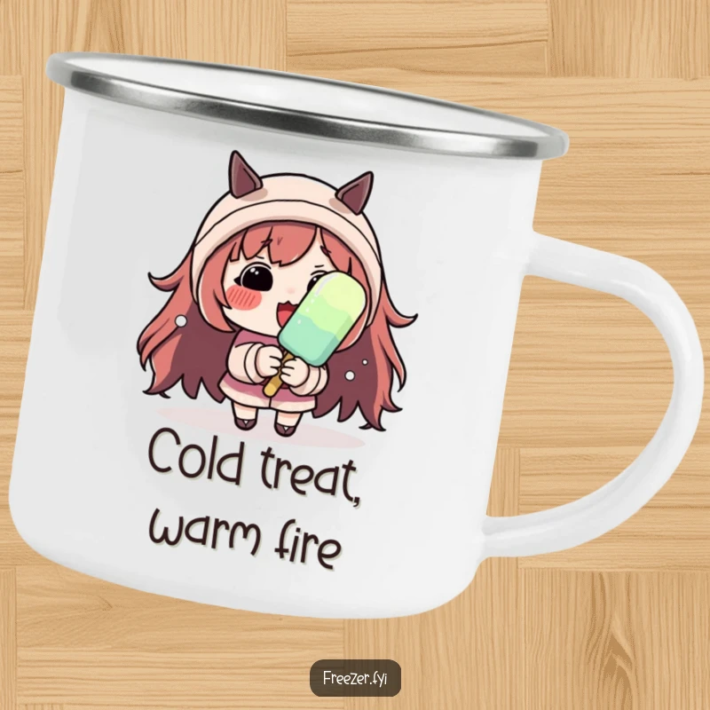 Funny camping mug featuring a character with rosy cheeks shivering dramatically while holding a small popsicle, perfect for outdoor humor.