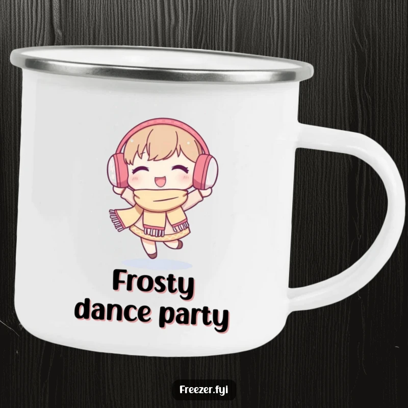 Funny camping mug showing a character joyfully dancing in falling snowflakes, dressed in winter gear, ideal for snowy excursions.