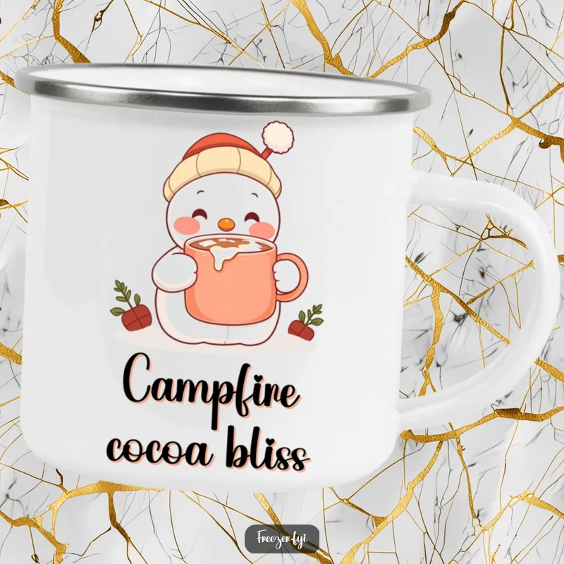 Funny enamel camping mug with a content snowman character happily sipping hot cocoa from a large mug, ideal for cozy campfires.
