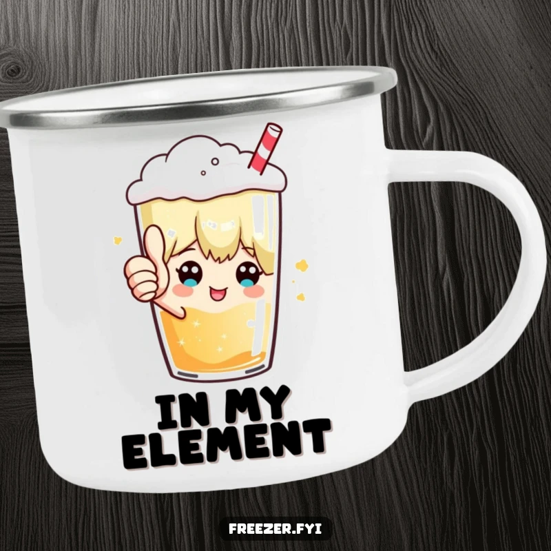 Funny camping mug with a character giving a thumbs up from inside a frosty beverage, perfect for outdoor enthusiasts who appreciate humor.