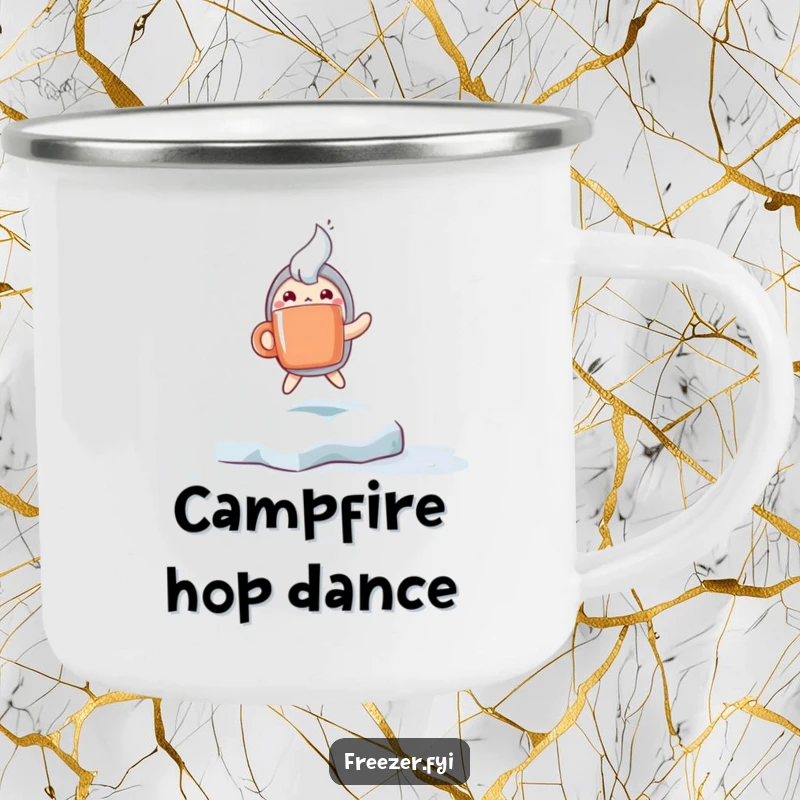 Funny camping mug with a character holding a steaming mug and hopping excitedly on a frosty surface, perfect for outdoor enjoyment.