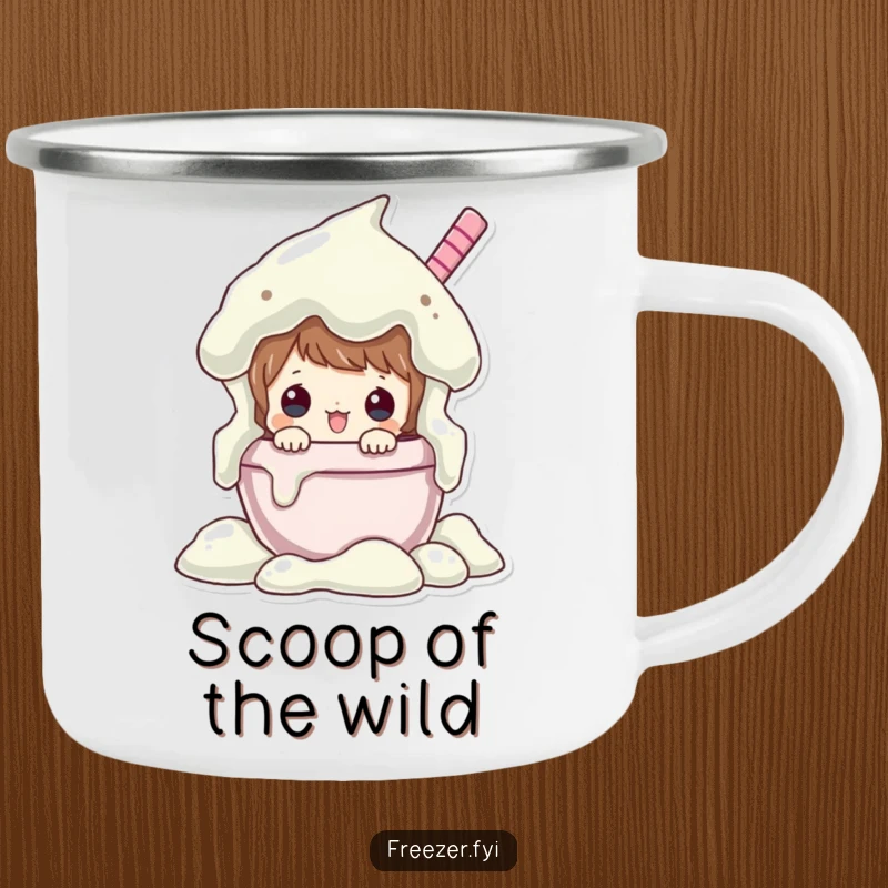 Funny camping mug showcasing a character peeking from an overflowing ice cream tub, ideal for enjoying beverages outdoors with a sweet, humorous theme.