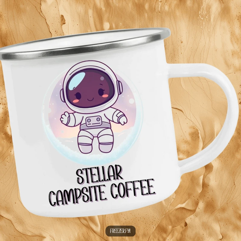 Funny enamel camping mug with a happy astronaut character inside a frosty, glowing orb, ideal for cosmic camping trips.