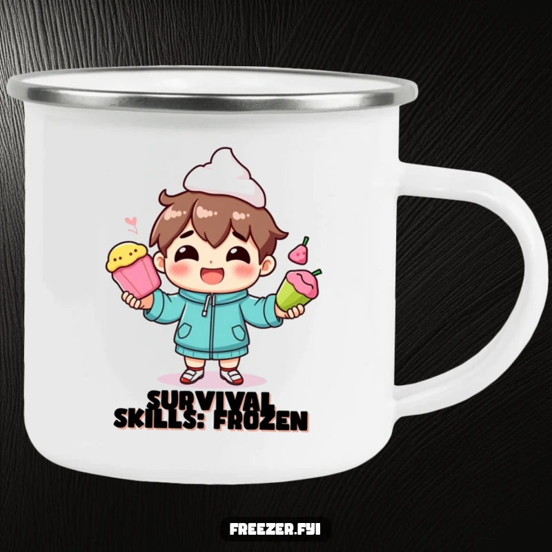 Funny camping mug featuring a character smiling while juggling frozen foods, perfect for outdoor fun.