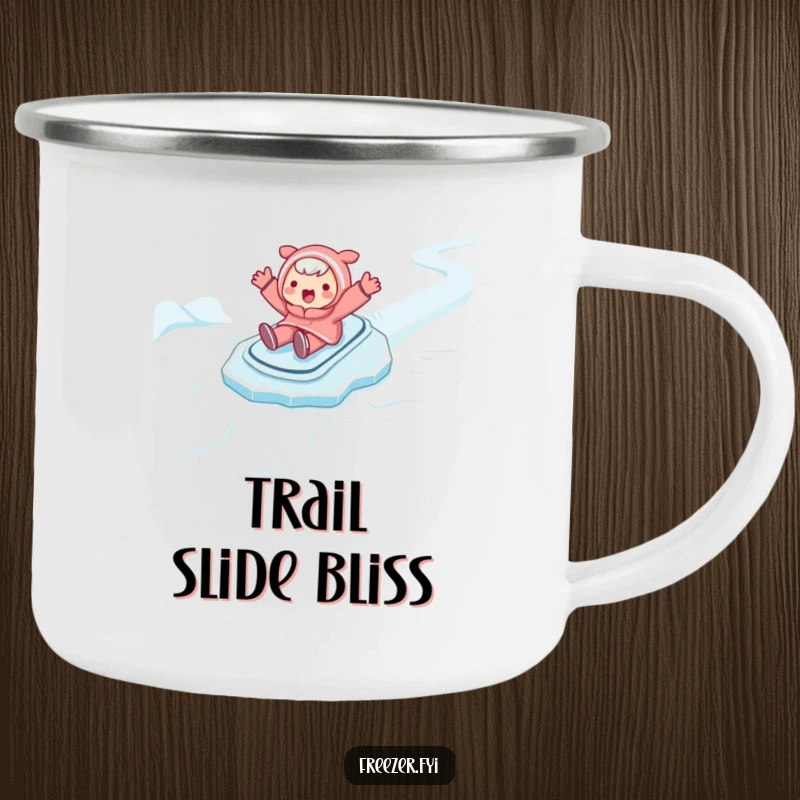 Funny camping mug showing a character joyfully sliding on ice with arms spread wide. Durable and hilarious outdoor drinkware.