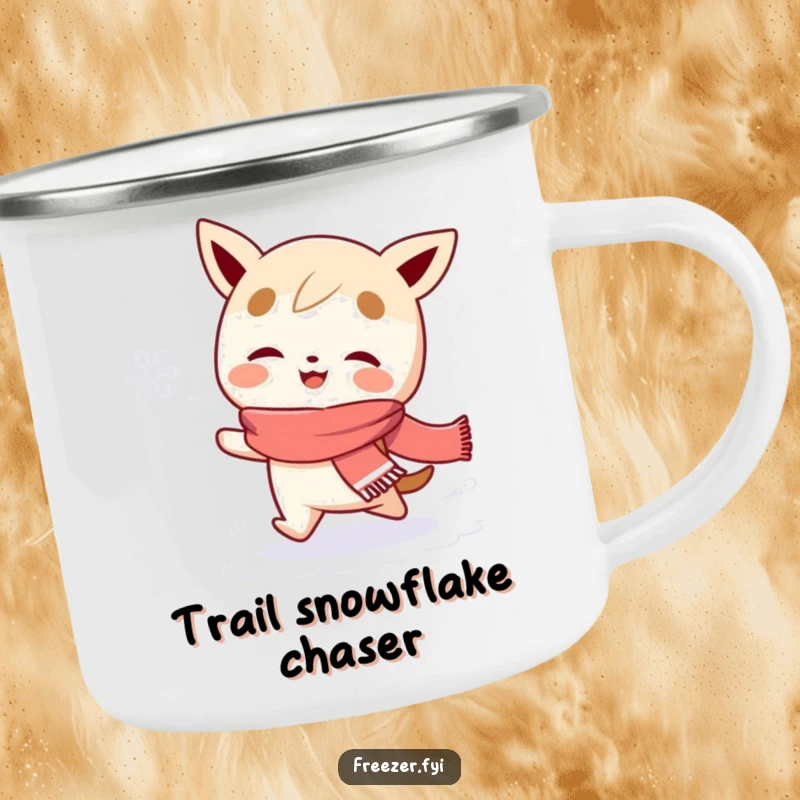 Funny camping mug with a scarf-wearing character gleefully chasing a snowflake, durable and humorous for outdoor use.