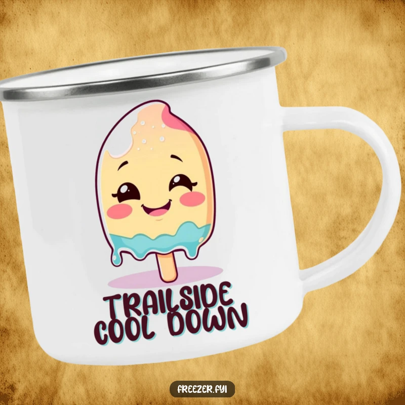 Funny smiling popsicle character melting with glee on a rugged camping mug, perfect for outdoor enjoyment.