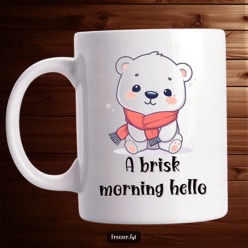 Funny polar bear mug featuring a kawaii character in a tiny scarf, playfully shivering, exuding cute, chilly vibes.