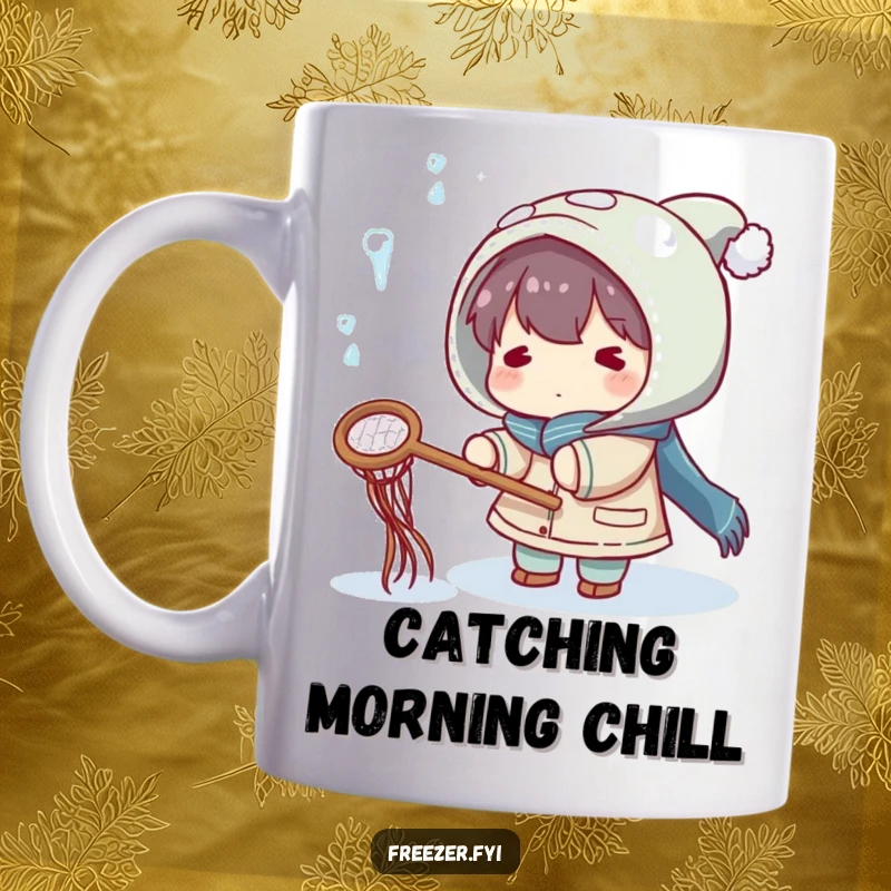 Funny mug showing a character playfully trying to catch falling icicles with a small net, capturing a moment of chilly fun.