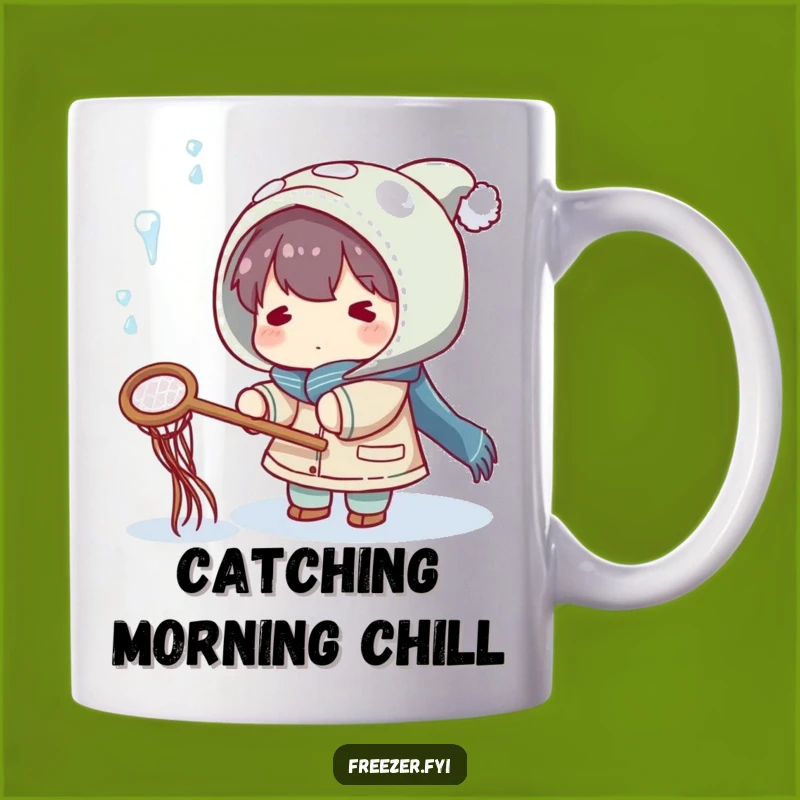 Funny Winter Catcher Mug: Character Playfully Catches Icicles with Net