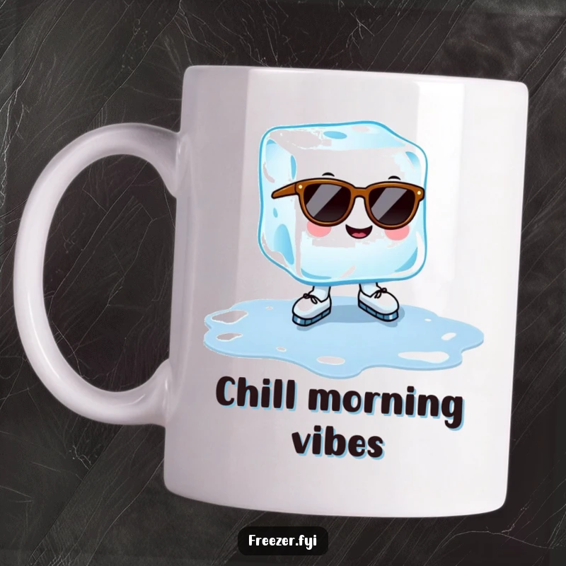 Funny ice cube mug with a cheerful ice cube wearing sunglasses, ice-skating on a puddle, perfect cool summer fun gift.