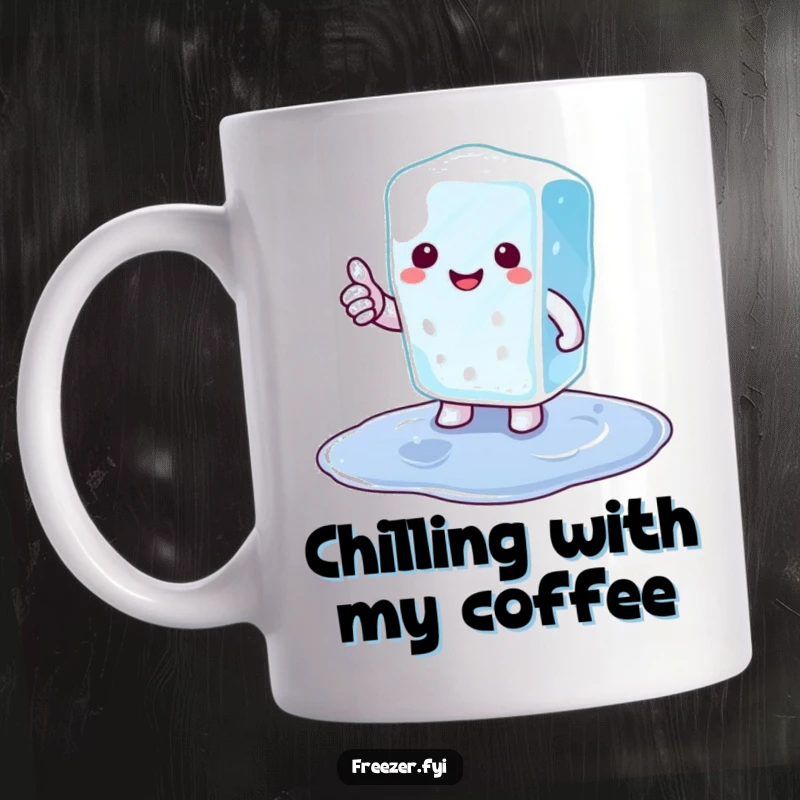 Funny ice cube mug with a small, happy ice cube character giving a thumbs up from a tiny puddle, exuding cool vibes.