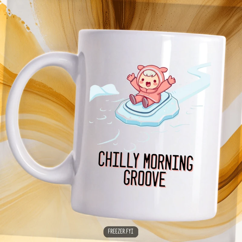 Funny mug featuring a character gleefully sliding on ice with arms outstretched, capturing pure joy and freedom.