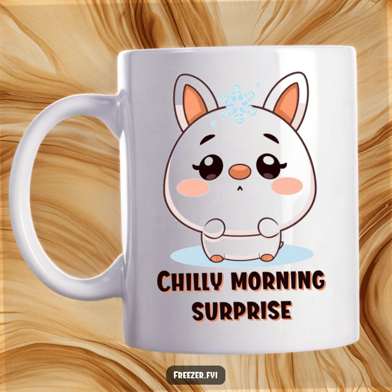 Funny mug illustrating a character's surprised expression as a snowflake lands gently on its nose, capturing winter's magic.
