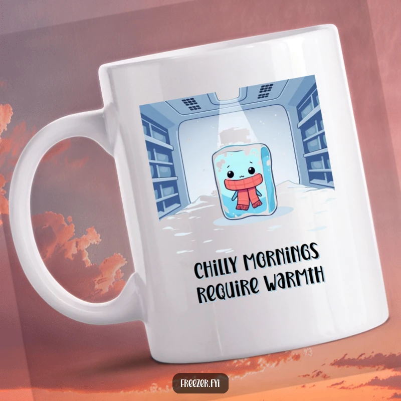 Funny ice cube mug with a lonely, shivering ice cube wearing a scarf in a massive freezer, perfect for a chilly laugh.
