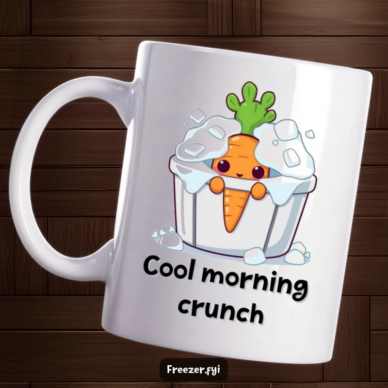 Funny curious carrot character peeking out from an overflowing ice bin on a quirky coffee mug.