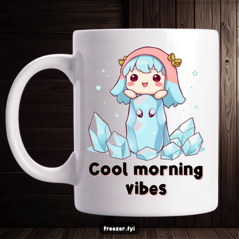 Funny mug showing a character blissfully floating amidst delicate, sparkling ice crystals in a serene winter scene.