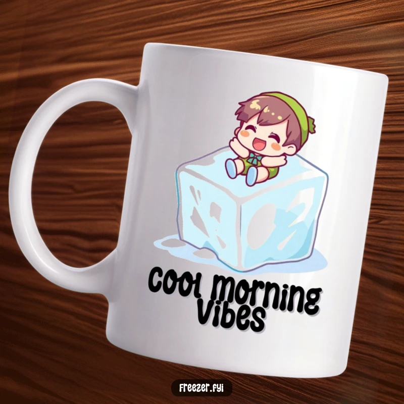 Funny mug depicting a character gleefully sliding down a giant ice cube, capturing the thrill of winter fun.