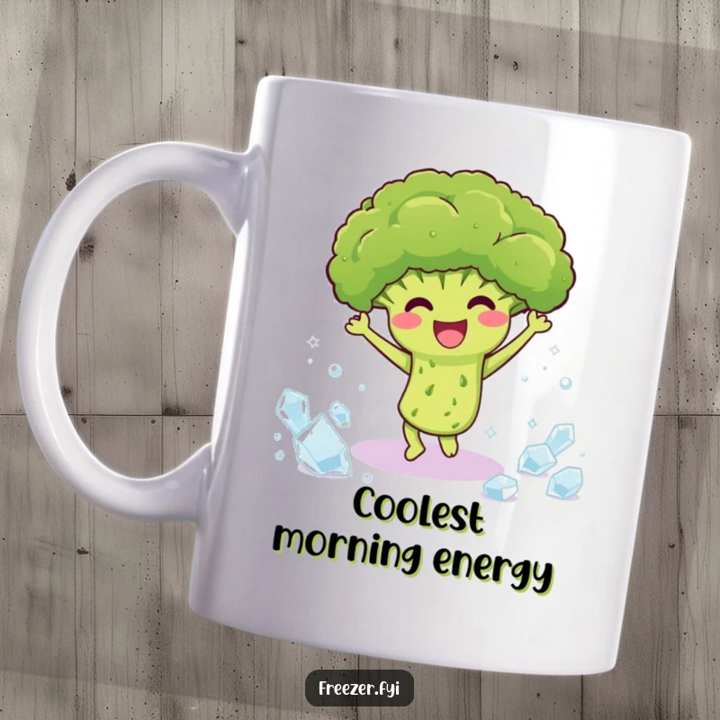 Funny mug showcasing a delighted broccoli character happily dancing amidst ice crystals, celebrating healthy fun and humor.